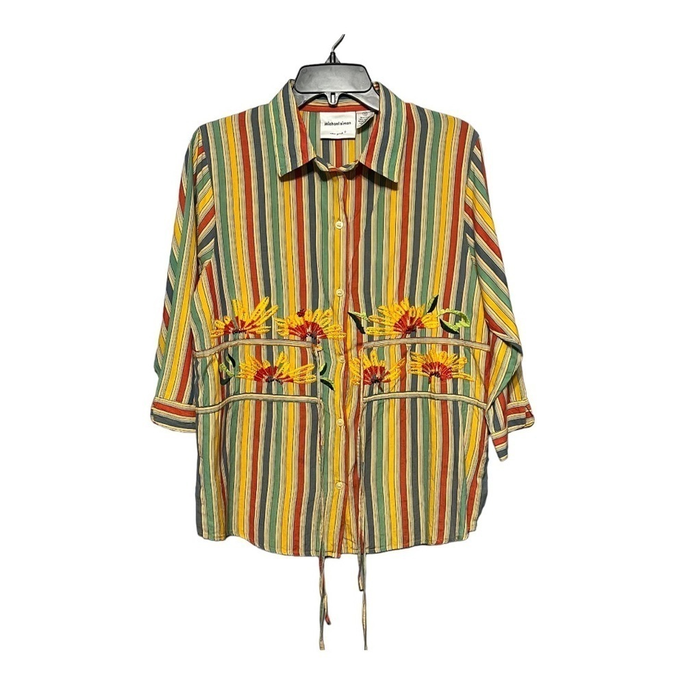 Michael Simon Vintage Striped Floral Embroidered Top Small